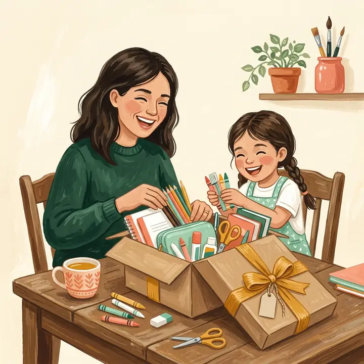 A parent and child at a kitchen table packing a box of school supplies tied with a yellow ribbon