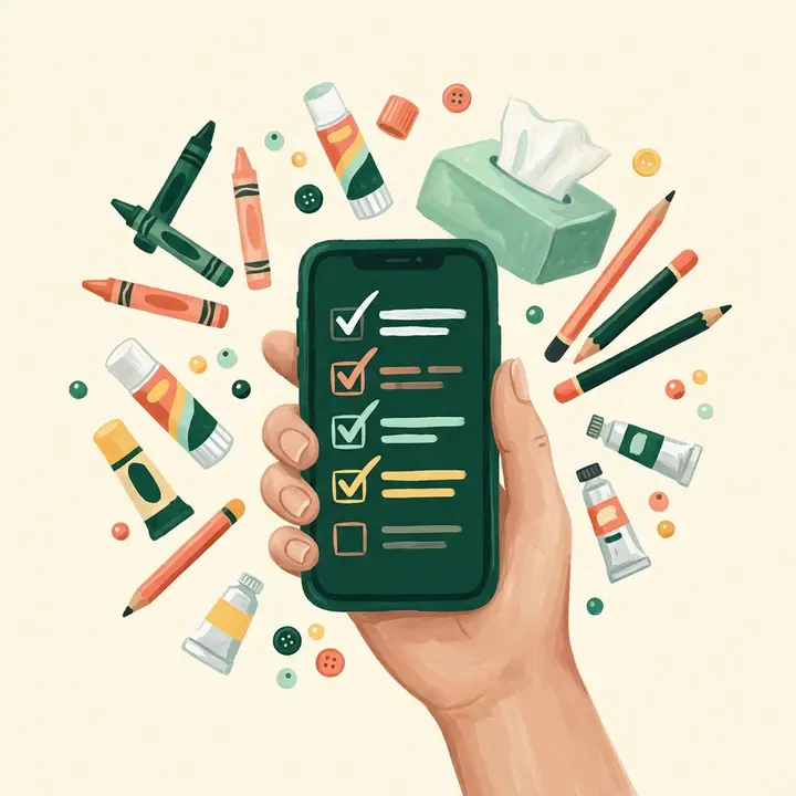 A hand holding a phone with a checked-off supply list, surrounded by crayons, pencils and glue sticks